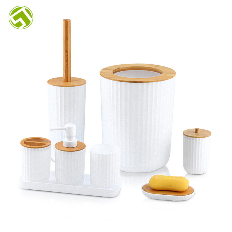 Productos de madera de bambú lavado traje Hotel baño suministros basurero algodón hisopo traje de baño bandeja de plástico conjunto de ocho piezas