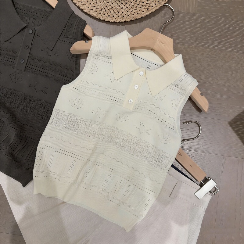 Fashionable Versatile Collared Vest Short-Sleeve 2026 Summer New Style Short-Sleeve Elegant Versatile Knit Top for Women Ice Silk