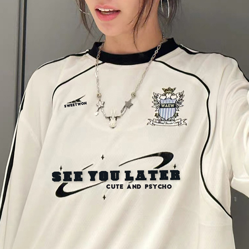 Lässiges Sweatshirt im amerikanischen Stil mit Rundhalsausschnitt, Buchstabendruck, Farbblock, Herbst, lockere Passform, Damen-Oberteil in Übergröße_voghion.com