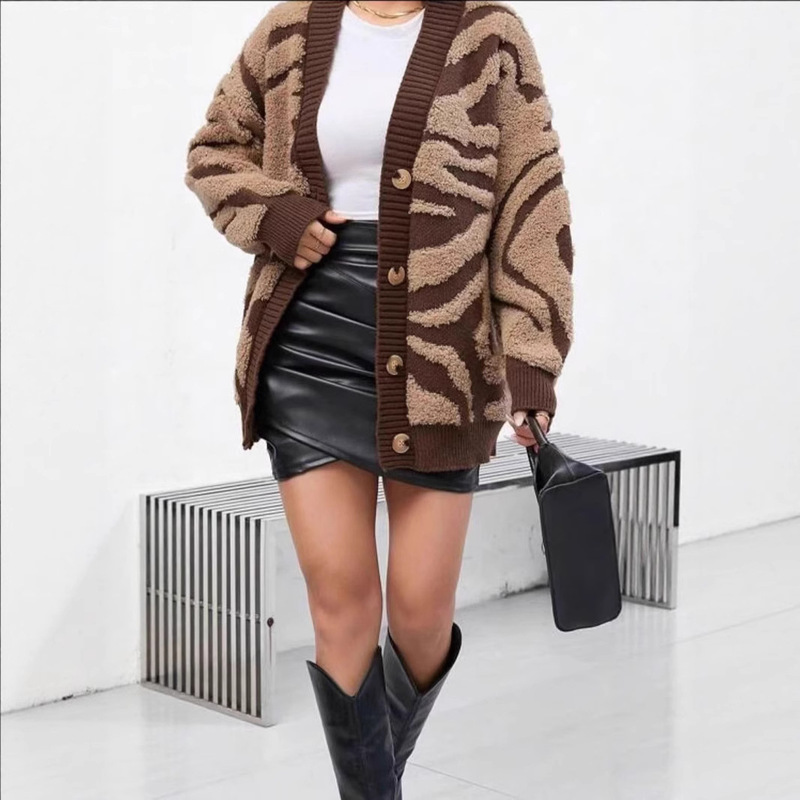 2025 New European and American Export Cross-Border Knitwear Lazy Loose Large Size Leopard Print Cardigan Knitwear Jacket for Women