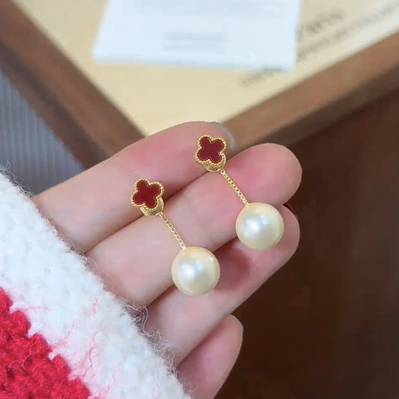 适合冬天的后挂式幸运花朵流苏珍珠耳环女独特轻奢高级感耳钉耳饰|undefined