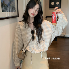 THE LIMON柠檬绿茶2025秋季博主韩风格纹连帽短款防晒衬衫外套女