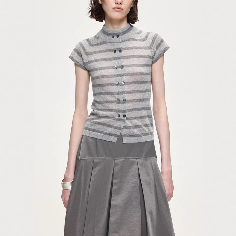 Wool Striped Hollow-Out Knit Cardigan Double-Breasted Shell-Patterned Alpaca Wool Knit Top