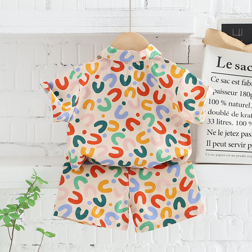 2024 Boys Summer Short Sleeve Suit European and American Style Flower Shirt Children Breathable Summer Baby Shirt Shorts Suit