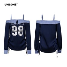 UNBDNS一字肩泽西风凉感甜酷辣妹缎面时尚印花上衣长袖T恤女新款