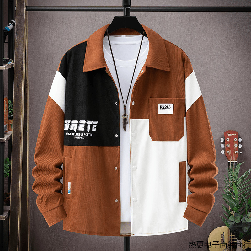 Plus Size Color Matching Student Jacket Men's Spring & Fall Shirt Jacket Trendy Brand Large Size Loose Youth Simple Jacket Men