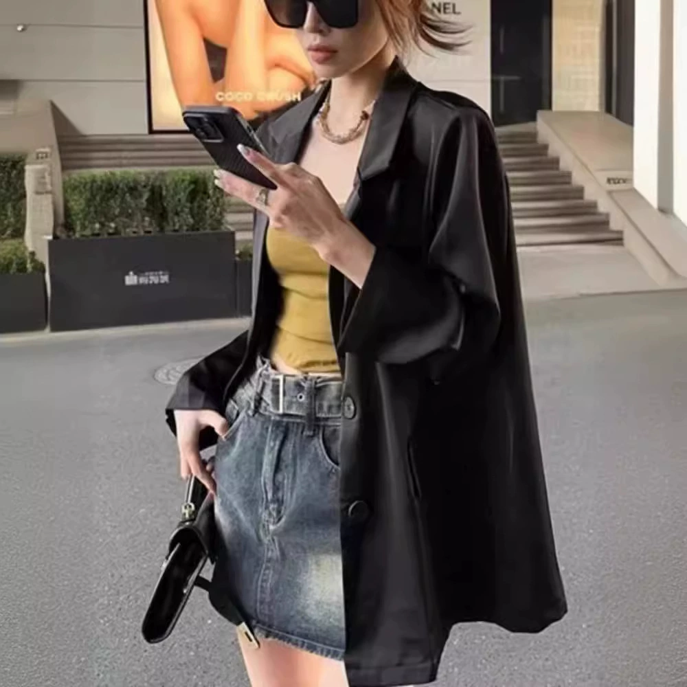 Большой размер женский тонкий пиджак летом среднего и длинного высокого класса легкий и роскошный атласный топ [6626]