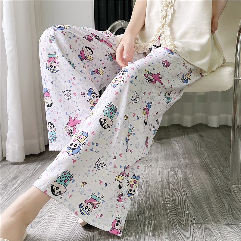 Pantalones de pijama de seda de algodón para mujer Pantalones de pierna ancha casuales impresos de dibujos animados delgados de verano las mujeres embarazadas pueden usar pantalones de comercio exterior pantalones de una sola capa