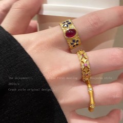 宮廷風レトロ金色エナメル竹節指輪女性ファッション高級感食指戒新中国式秋冬金指環