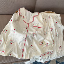 可爱波点Kitty猫睡衣女春秋季开衫翻领红边套装可外穿双长家居服