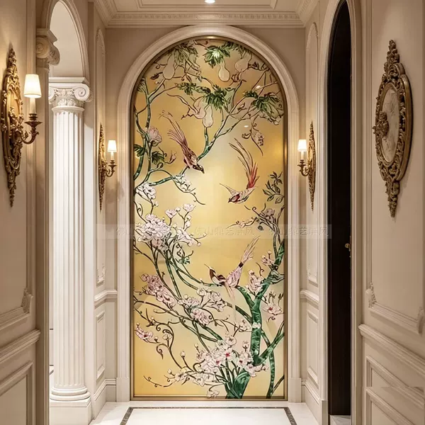 Light Luxury Retro Arched Metal Frame Flower and Bird Enamel Screen, Artistic Partition Screen for Villa Entrance Hallway