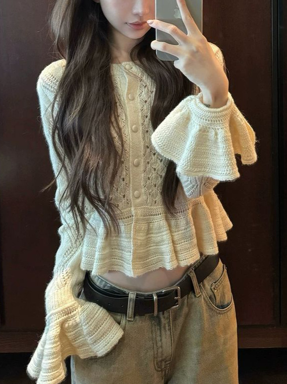 YUYUREL 私服 镂空钩花荷叶边羊驼毛针织开衫|undefined