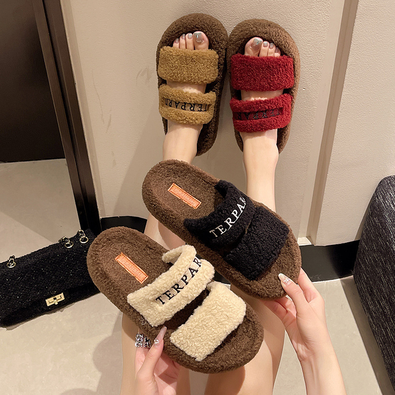 2025 Autumn and Winter Thick-Soled Fur Slippers for Women to Wear Outside Internet Celebrity Platform Sole Fur Integrated Warm Thick Fur Slippers for Women