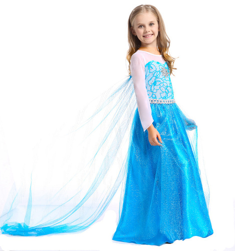 冰雪奇缘爱莎公主裙 儿童网纱亮钻连衣裙长袖艾莎公主裙尾纱披风