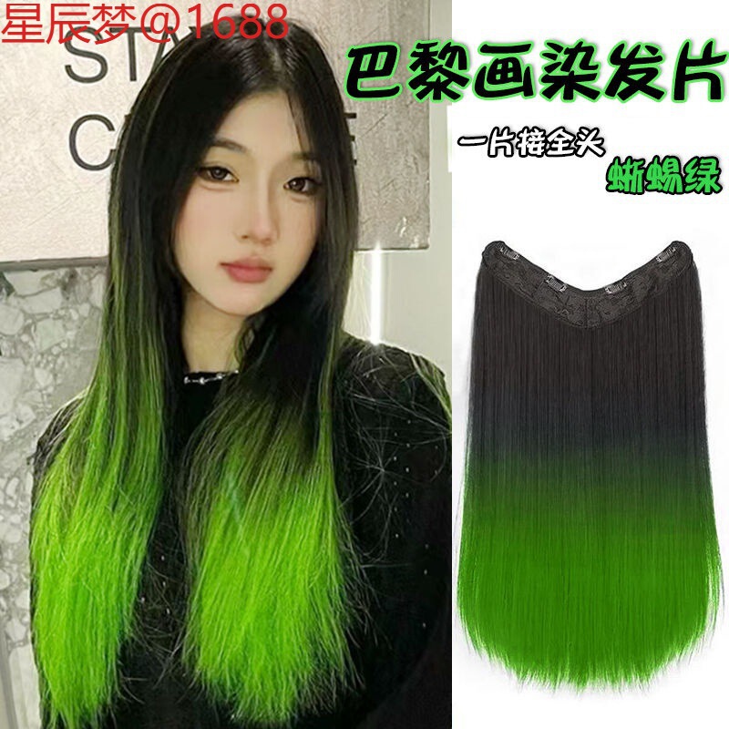 Lizard Green Paris Painted Dyed Hair Extensions One-Piece Seamless Long Straight Hair Natural Artificial Gradient Fluorescent Green Hair Tail Dyeing