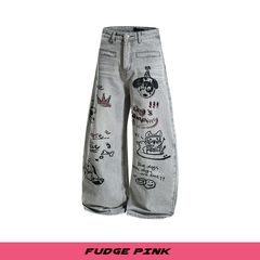 Fudge Pink 2025秋季New甜美少女趣味图案宽松水洗牛仔长裤