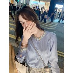 法式亮片轻奢蓝色镶钻衬衫上衣早春新款开衫百搭宽松减龄小衫气质