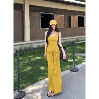 夏季新款纯欲辣妹带胸垫背心裙两穿披肩休闲修身连衣裙针织长裙女
