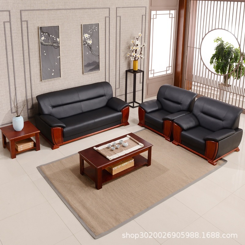 Office sofa and coffee table set, simple modern business reception three-seater office sofa made of top-grade genuine leather