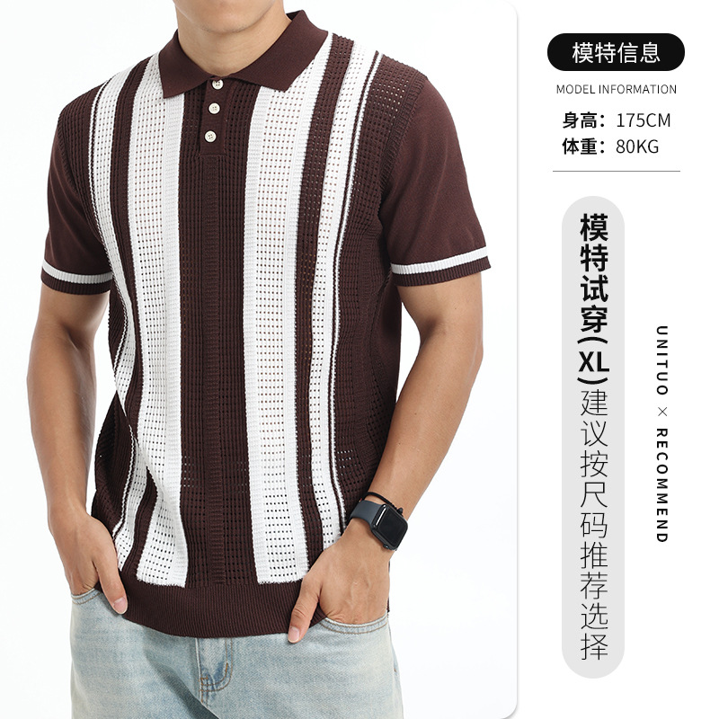 Camiseta de polo retro retro americana de color contrastante para hombre verano transpirable texturizado con collar de punto camiseta de manga corta para hombres image 9