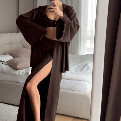 秋季新品2025女式睡衣针织内衣木耳边外袍高开叉长裤三件套家居服