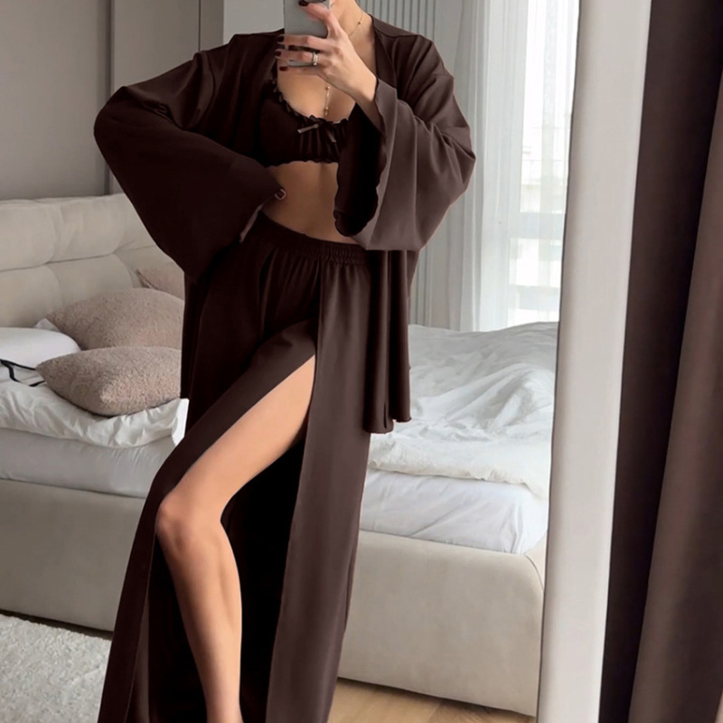 秋季新品2025女式睡衣针织内衣木耳边外袍高开叉长裤三件套家居服|undefined
