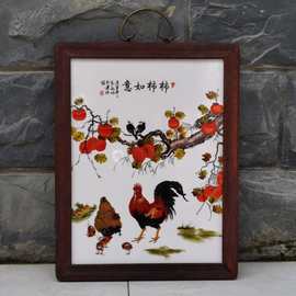 特价清仓实木框装饰挂画怀旧瓷板画柿柿如意玄关走廊墙壁古风背景