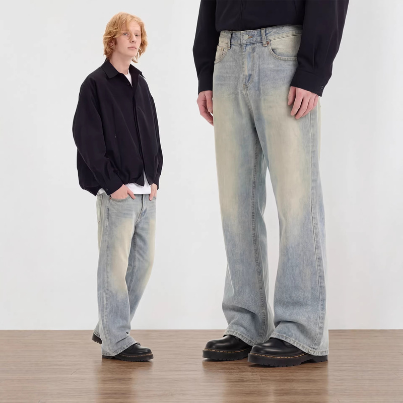 RDT Men's Wear | cleanfit Washed Old Vintage Ice Blue Cream Falling Cat Must Scratch Slight Jeans Men