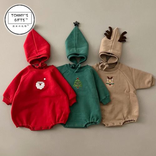 Ins style baby Christmas clothes autumn and winter new infant jumpsuit plus velvet thickened romper suit to keep warm