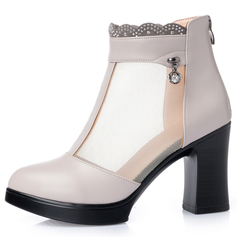 Boot nữ da thật cổ thấp gót vuông 5 cm mũi hở lưới thoáng khí — Đen/mũi hở