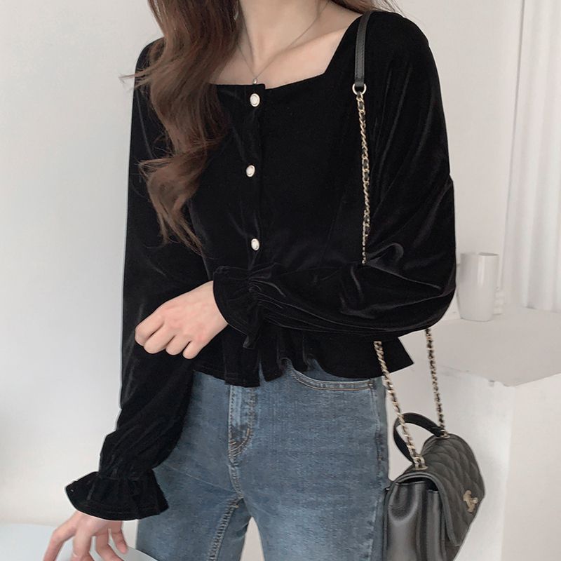 法式复古黑色方领心机上衣女设计感露锁骨短款金丝绒百搭衬衫_4