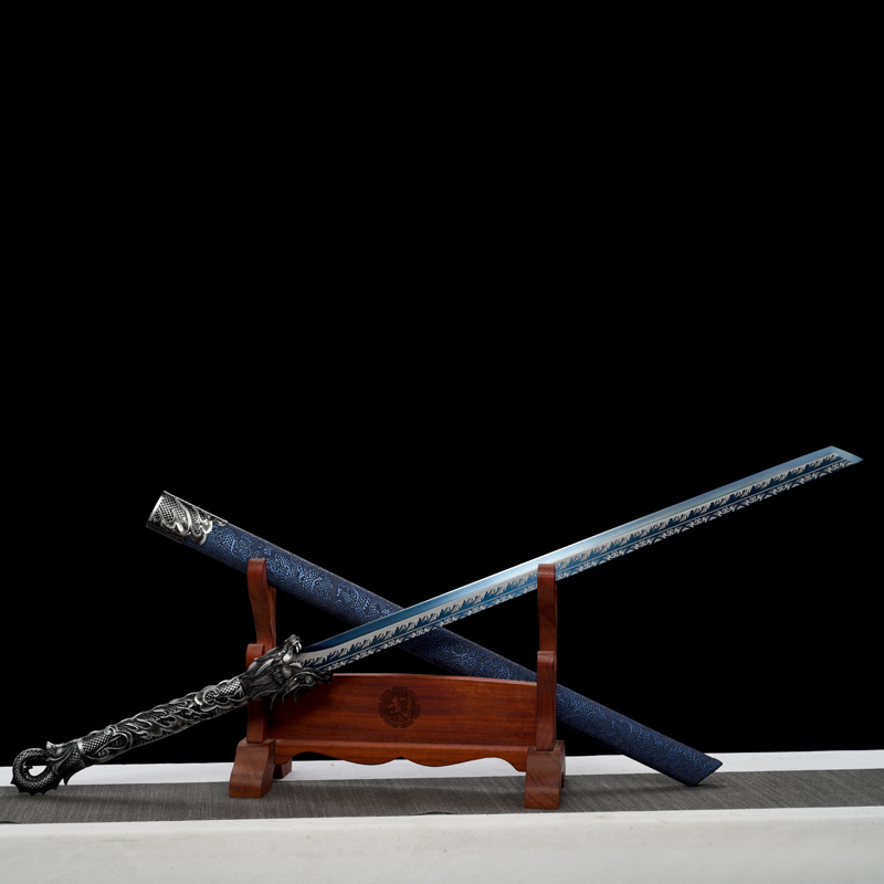 【未开刃】龙泉市手工一体锻打金属手柄高锰钢烤蓝刻花镇宅唐横刀