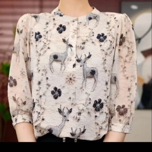 50-Year-Old Mother's Spring Style Three-Quarter Sleeve Shirt Tops Middle-Aged and Elderly Women's Spring and Summer Thin Printed Shirts