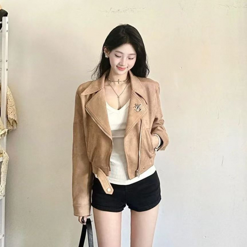美拉德美式复古麂皮短款外套女春季新款爆款高级感小众机车服夹克|undefined