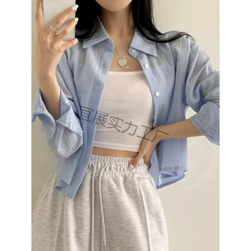 Женская рубашка в французскую синюю полоску, летняя тонкая верхняя одежда, миниатюрная солнцезащитная куртка-рубашка-кардиган, короткий топ.