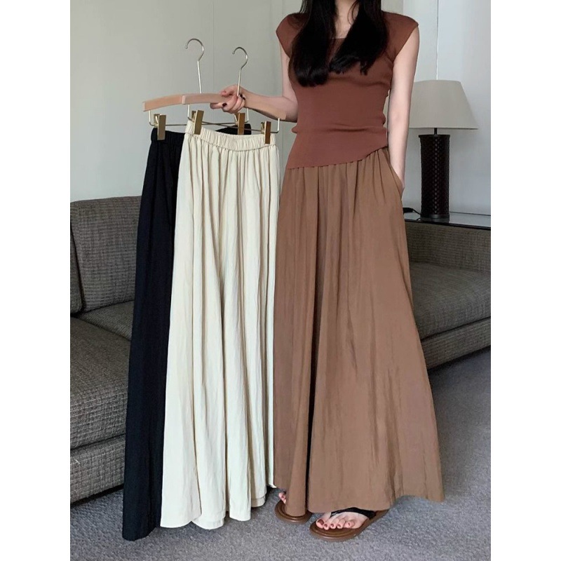 Textured casual trousers for women new retro high waist slim design solid color wide leg skirt pants_voghion.com