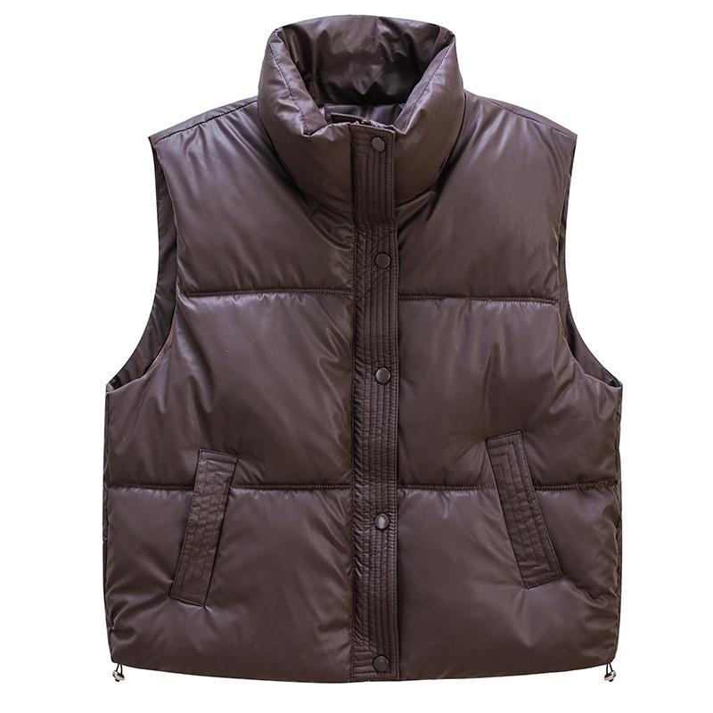 Winter New Down Cotton Vest Women's Vertical Collar European and American Style Cotton Vest Casual Leather Lambskin Vest Jacket Trendy