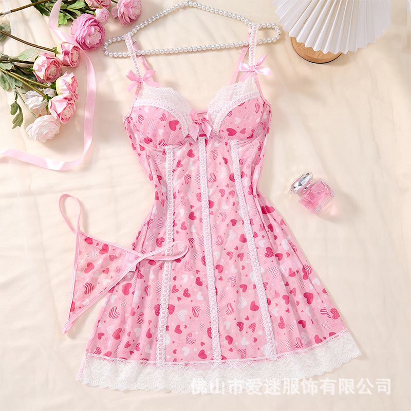2025 New Sexy Pajamas Lace Suspenders Temptation Free of Taking Off Pure Desire with Steel Ring High-End Nightgown Women's Model 25044