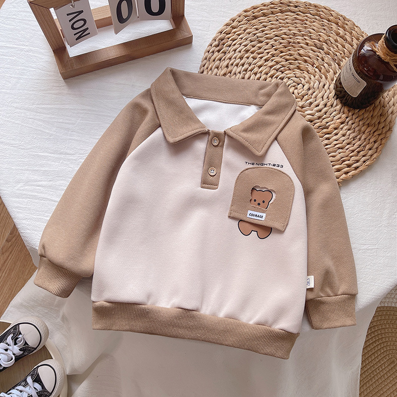 Children's Set 2023 New Polo Collar Sweater for Boys and Girls Cartoon Little Bear Contrast Color Long Sleeve Casual_voghion.com
