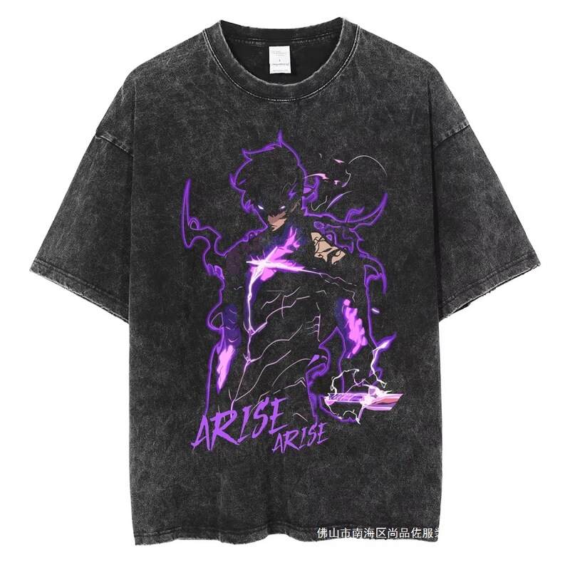 2025 Anime Solo Level Sung Jin Woo Printed Washed T-Shirt Men's Casual Cotton T-Shirt Comic Retro 2025 Anime Solo Level Sung Jin Woo Printed Washed T-Shirt Men's Casual Cotton T-Shirt Comic Retro