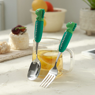 Cartoon Series Little Dinosaur Stainless Steel Tableware Anti-Scalding Handle Fork and Spoon Multi-Color Optional Children's Western Tableware Wholesale