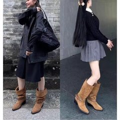 白鹿钟楚曦同款复古两穿骑士靴女2025新款真皮尖头褶皱西部堆堆靴