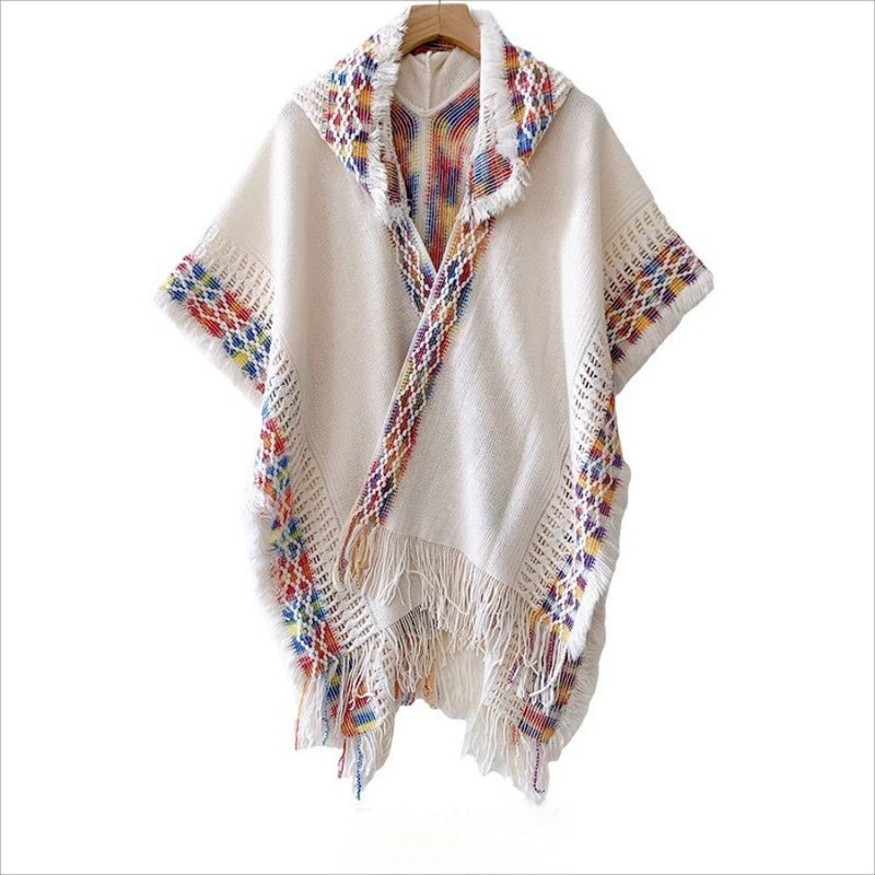 Colorful Plaid Ethnic Style Hooded Tassel Knitted Cape Women's Casual Retro Travel Warm Outer Cape