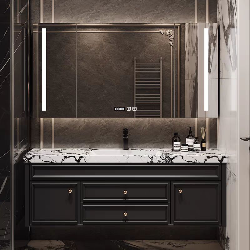 Rock Slab French-Style American Bathroom Cabinet with Red Oak Combination, Integrated Ceramic Basin for Washing Hands and Face