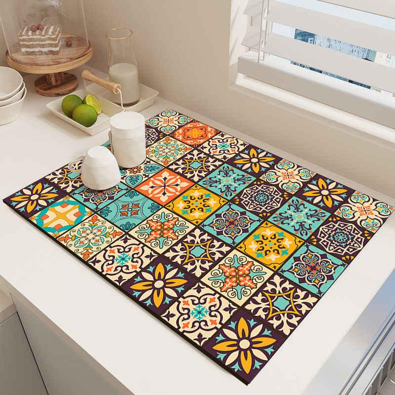 Bohemian Style Kitchen Tabletop Drain Mat Tableware Drying Mat Coaster Countertop Absorbent Mat Easy Care Table Mat