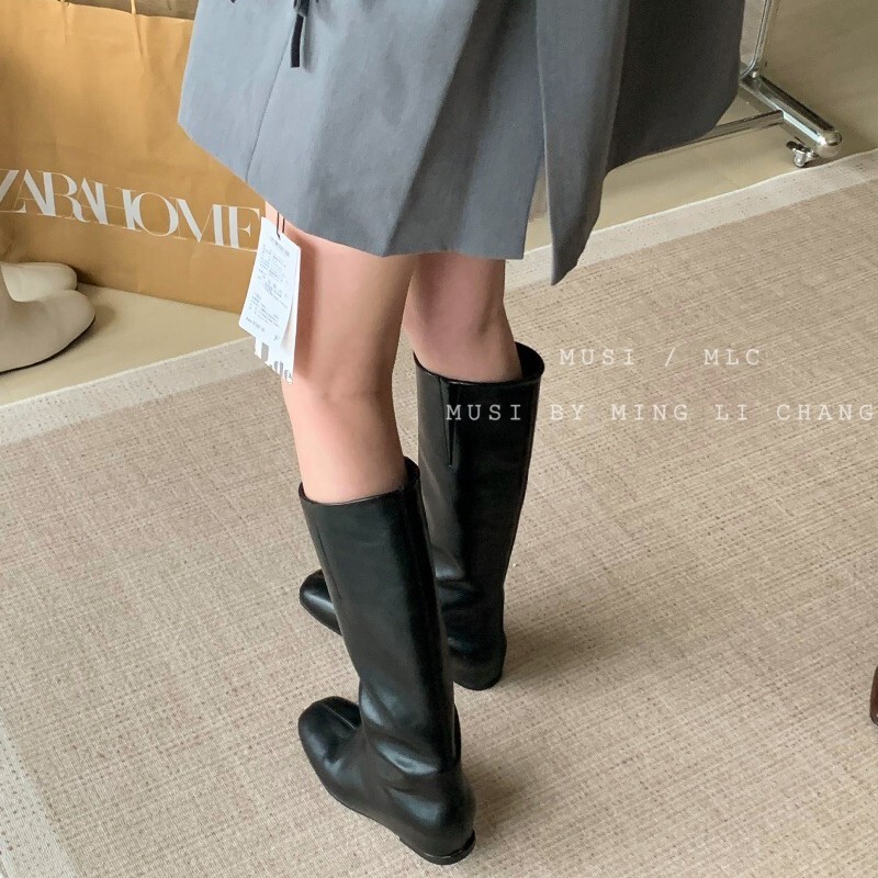 韩版百搭粗跟方头高筒长靴女不过膝单靴美拉德白色瘦瘦长筒骑士靴|undefined