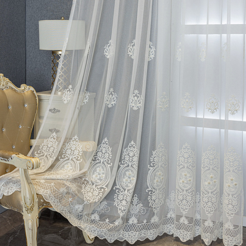 European-Style White Sheer Curtains for Living Room and Bedroom, Exquisite Beaded Decoration, Light Luxury, Smooth Fabric, Hotel and Home Use Sheer Curtains Wholesale