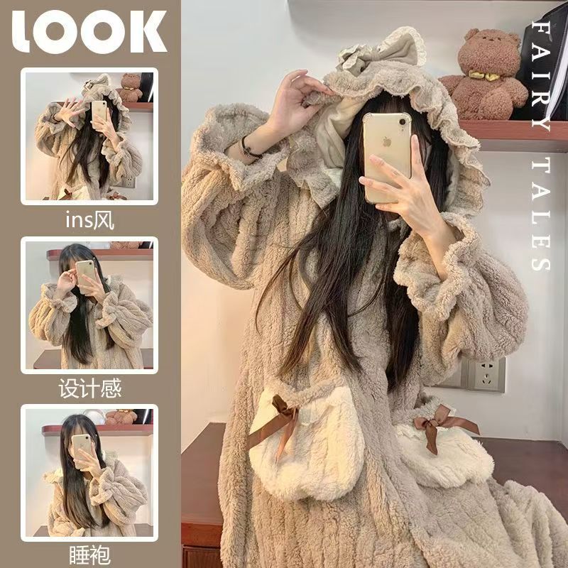 Korean Style Brown Pajamas for Women Winter New Flannel Fleece-Lined Thickeneded Long Hooded Nightgown Warm Home Clothes