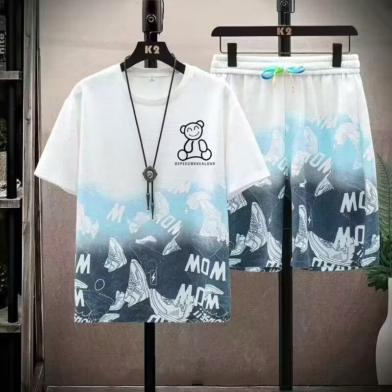 Camisas menos ropa verano delgado comercio exterior traje deportivo oso estampado digital para hombres pantalones cortos casuales de manga corta de dos piezas