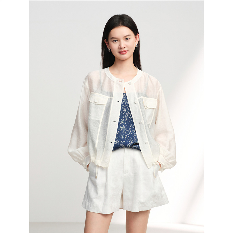 Y Ying Women's Jacket with Hidden Jacquard Pattern, Drawstring, Loose Silhouette, Round Neck Shirt, 2026 Summer New Style 1252A Y Ying Women's Jacket with Hidden Jacquard Pattern, Drawstring, Loose Silhouette, Round Neck Shirt, 2026 Summer New Style 1252A